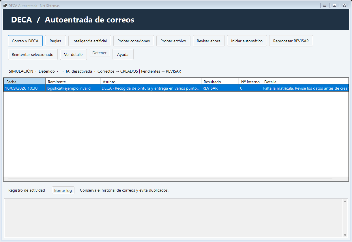 Ventana del programa DECA Autoentrada con sus tres botones de configuración, controles de revisión e historial